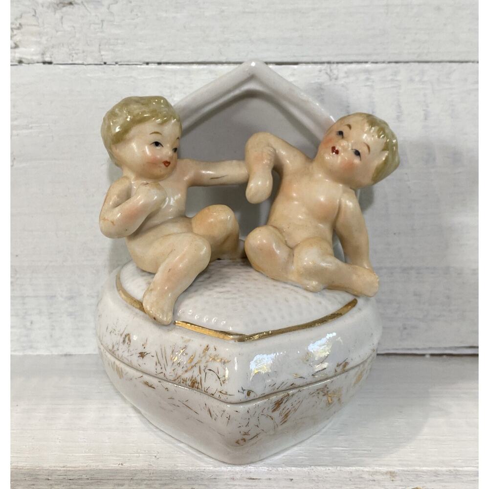 Vintage Ucago Japan Cherub Heart Lidded Trinket Box